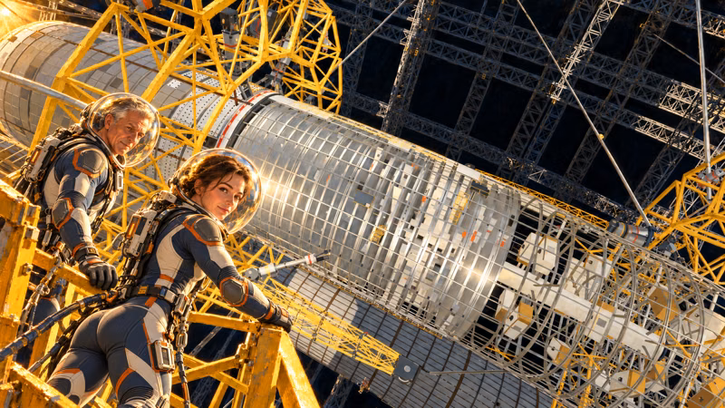 Two builders work beside the monumental framework of a ship under construction.