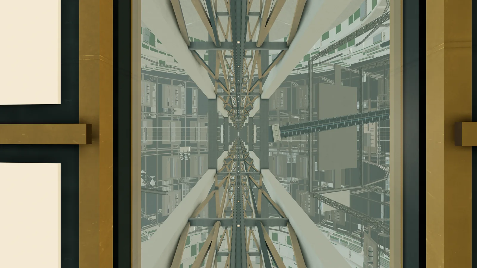 Through a glass lift cabin window, a steel truss climbs the shaft, with city towers and walkways seen on either side.