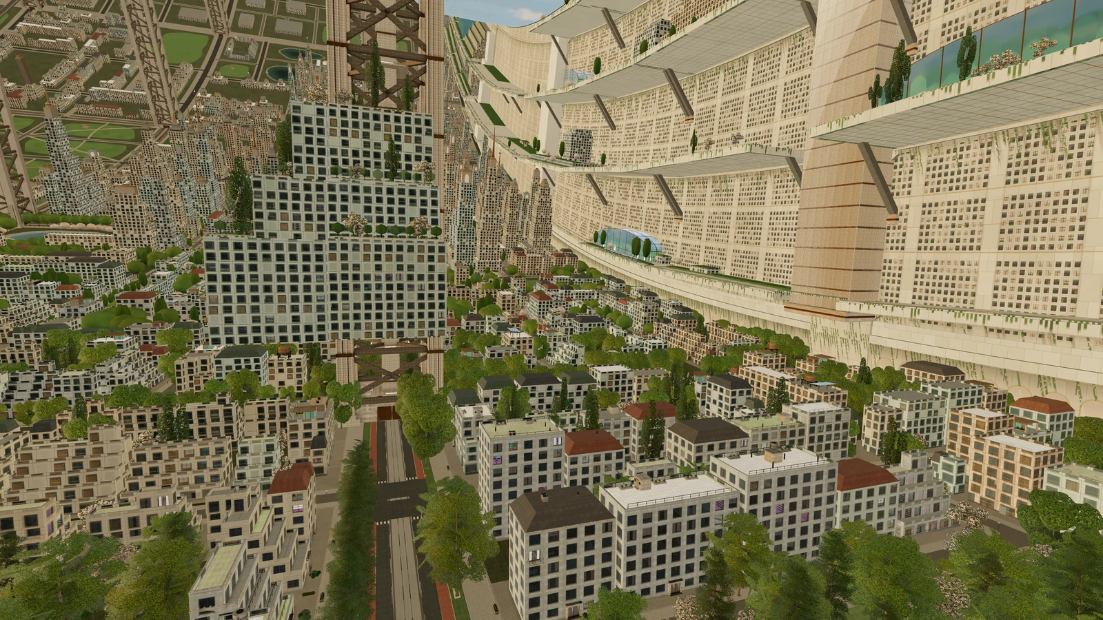 Dense city of pale blocks, green rooftops and steel lattice under cool light, with a curved cream wall on the right.