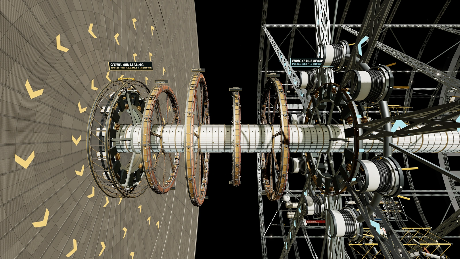 Cutaway hub rings and bearings run across black space, with a grey rotor disc on the left and lattice trusses on the right.