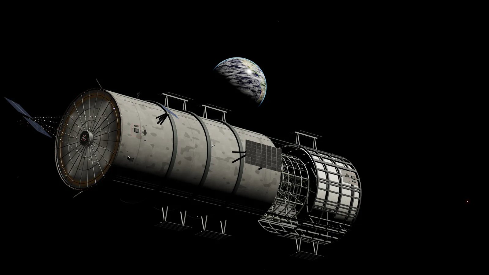 A grey cylindrical station shows its spoked end disc at left, with a caged ring section beyond it and a planet above.