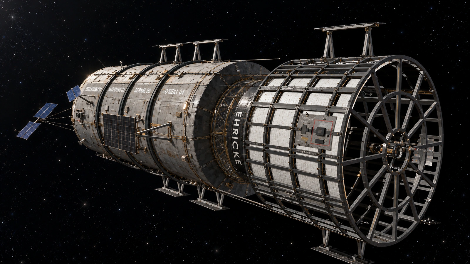 The grey four-rotor station in black space, rotor names painted on its hull, with the open forward cage and spoked end disc nearest.
