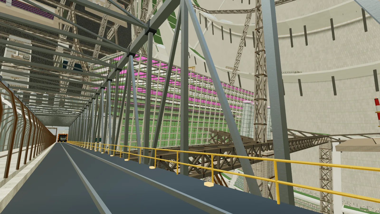 A grow gallery with stacked racks of lettuce, basil and kale under white and magenta lights, and a harvest gantry overhead.