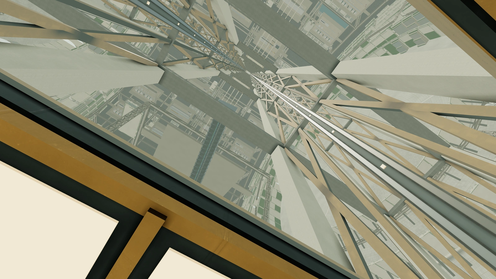 An ascender cabin rises through the open floor of the artificial sky, with the opposite city and a lit ceiling stretching away.