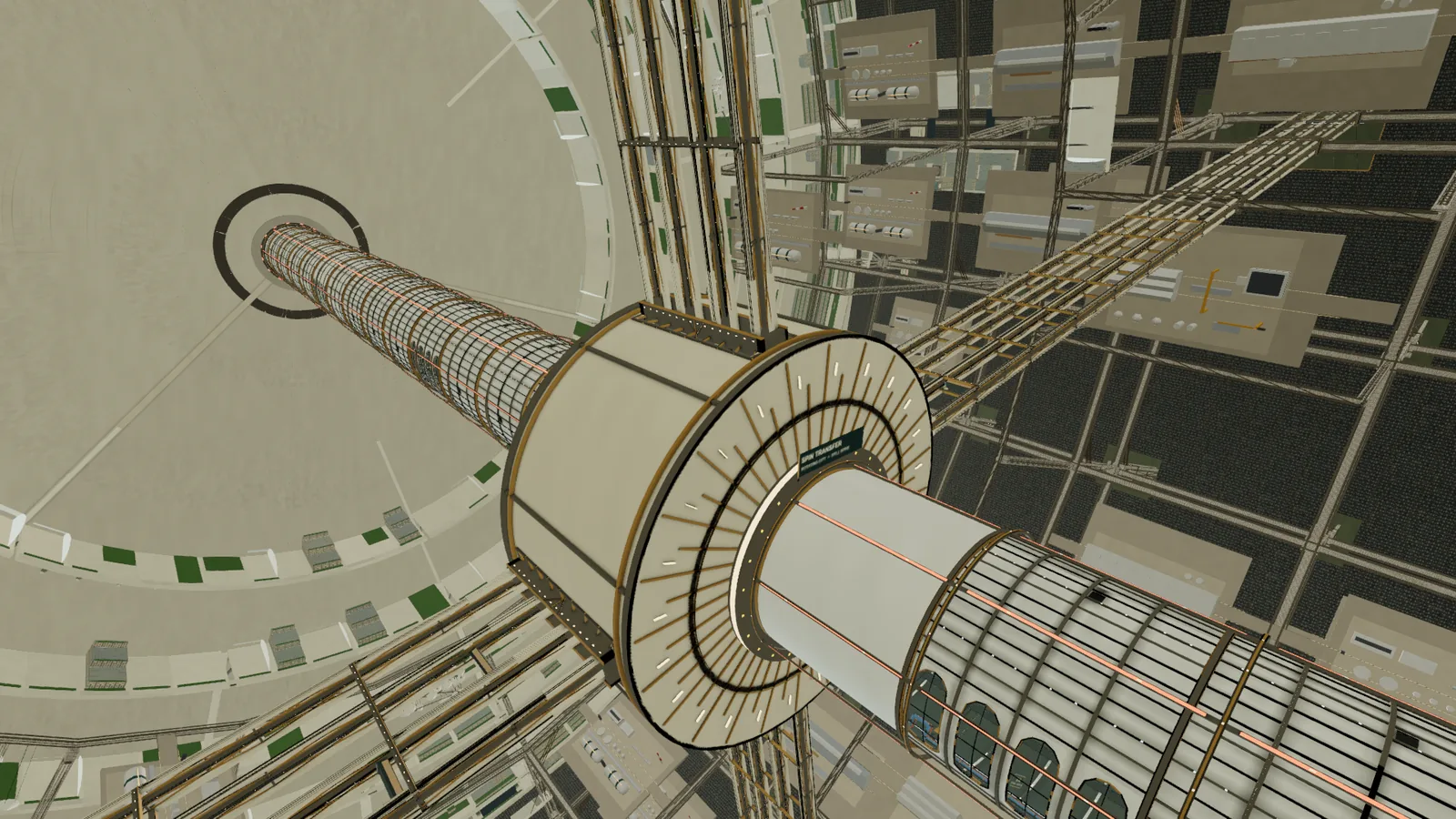 The rotating transfer hub at the top of the ascender, with the stationary spine beyond the glass and no floor in sight.
