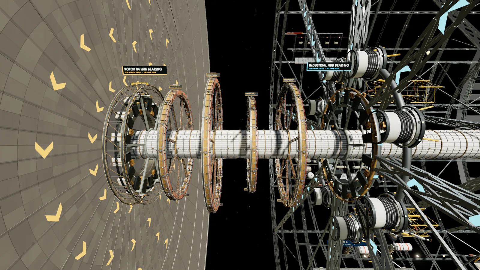 A bearing gallery where two large hubs face each other across a narrow gap, with momentum rings in the distance.