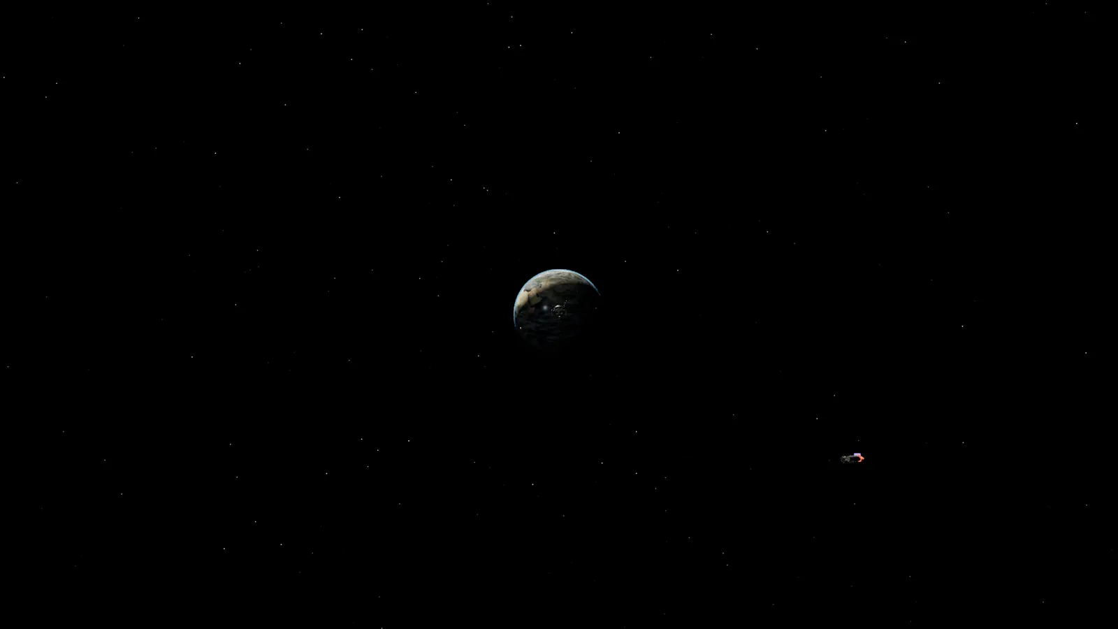Earth as a small blue disc against fixed stars, seen from the departing stack on its way home.