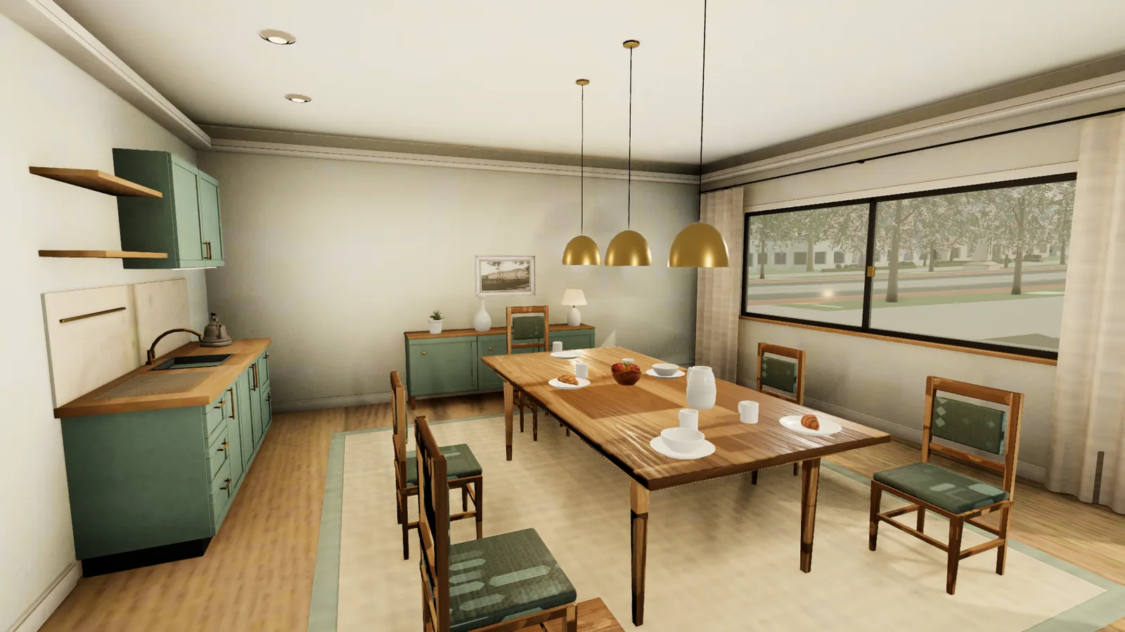A family of five seated at breakfast in a small apartment, with a window onto a sunlit residential street.