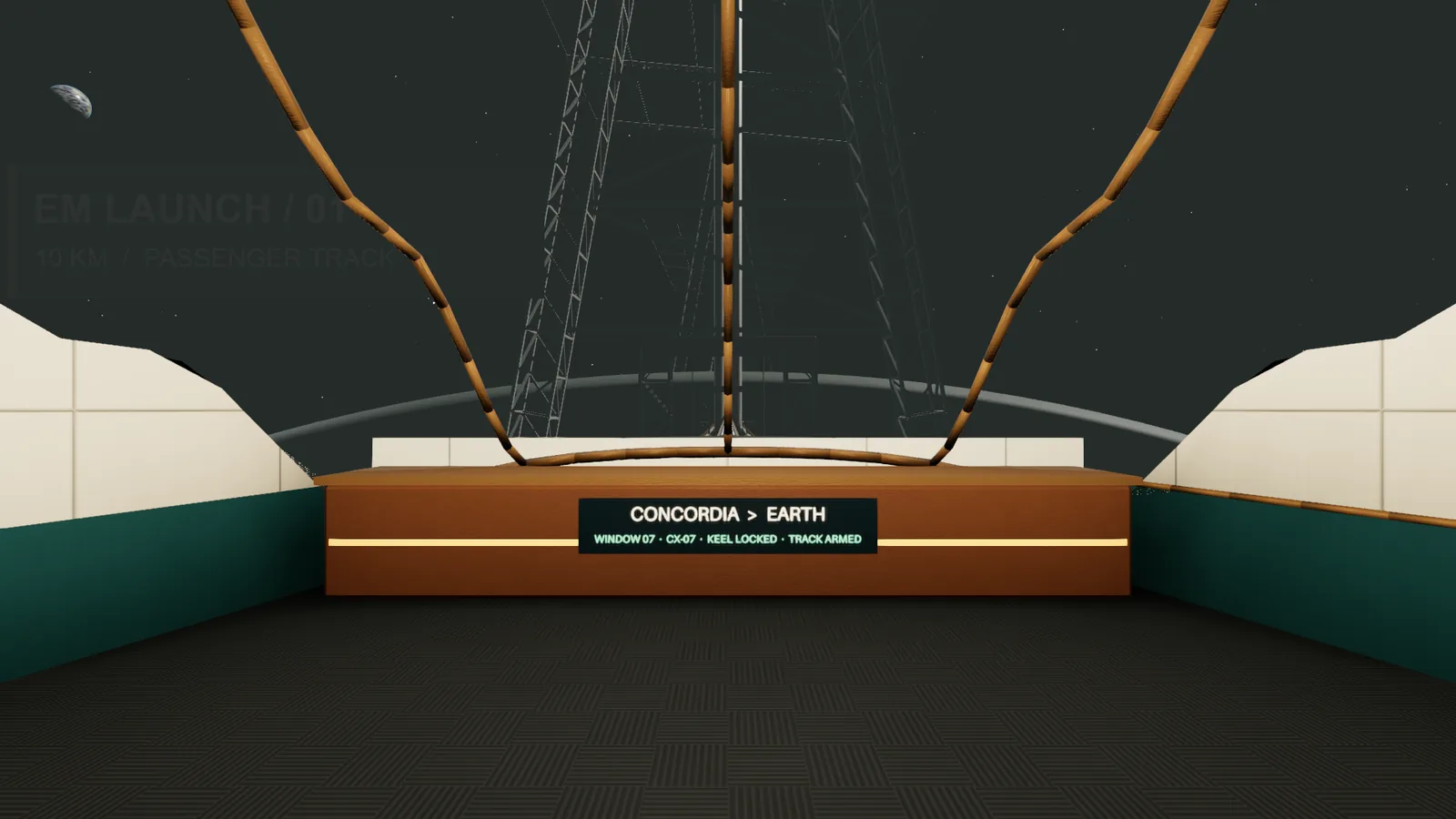 The passenger cabin before launch, with rows of couches, a window band and the long launch track running ahead.