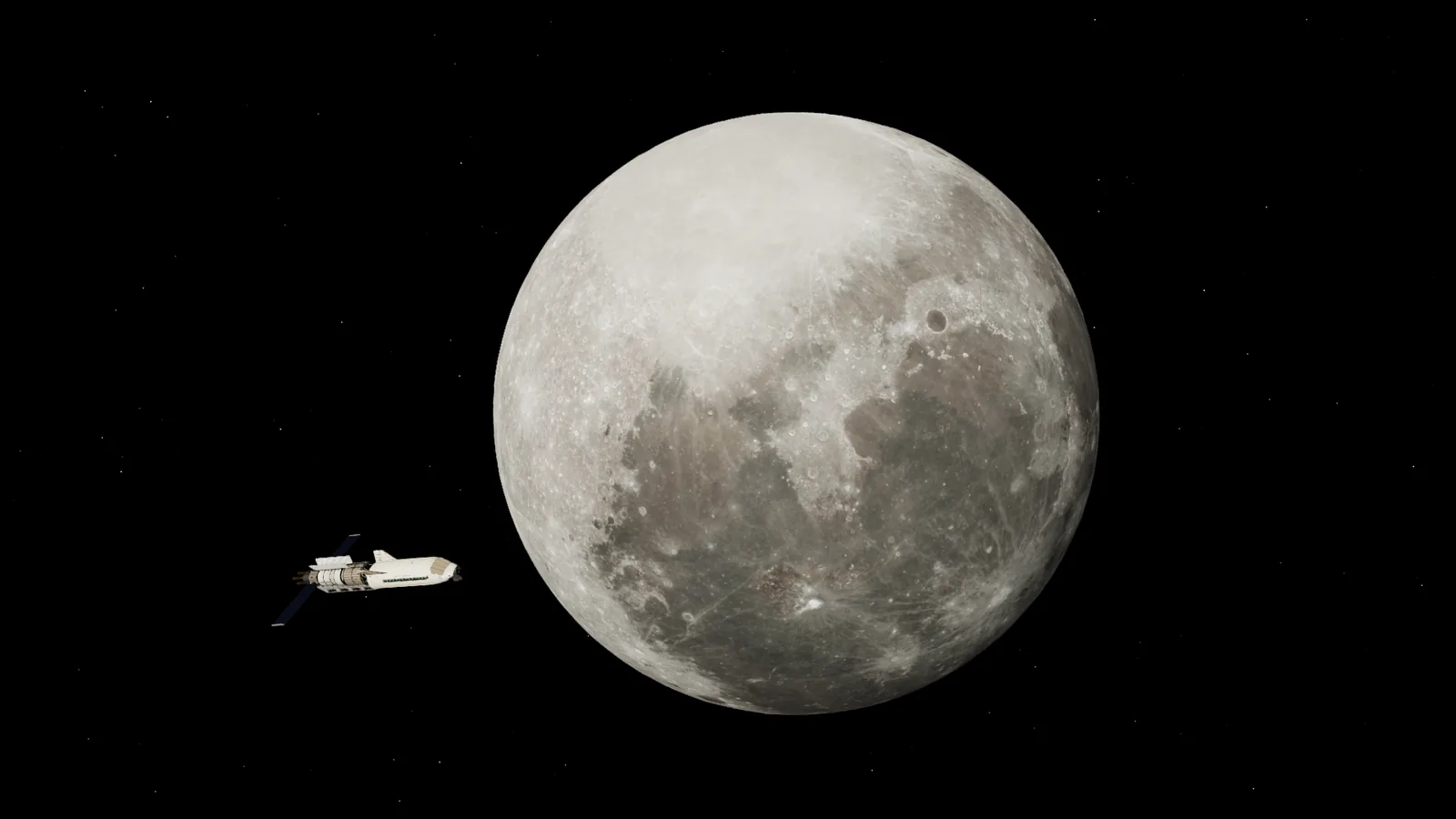 The Moon filling the window at true scale, with the carrier stack beside it and engines off.