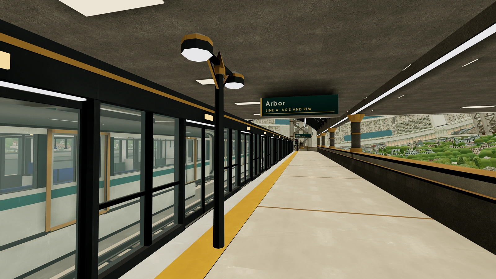 A metro platform 46 m above the street, looking along an elevated viaduct with the train set waiting at the platform.