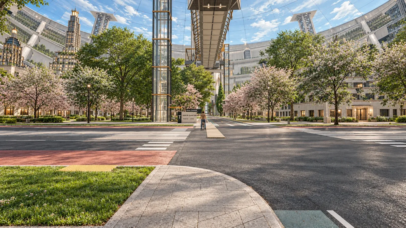 A tree-lined street in the Arbor Quarter with a tram shelter, and the city curving up into the distance overhead.