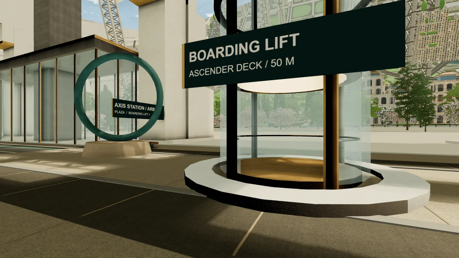 A wide plaza at the foot of the ascender tower, with a ring sculpture and the boarding lift entrance.