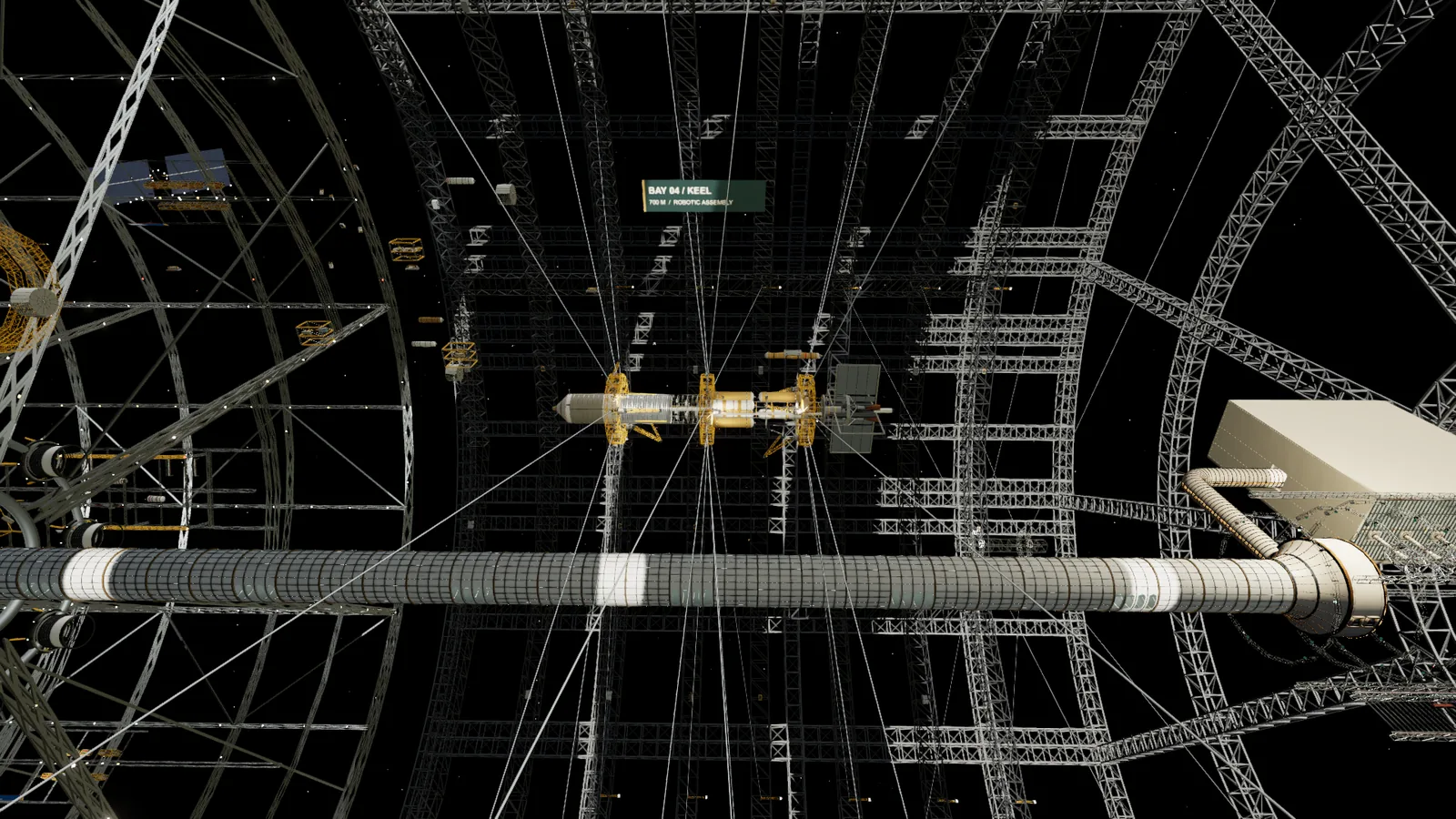 A 700 m spacecraft held by tension lines inside a vast dark construction volume, with robot arms and tugs at work.