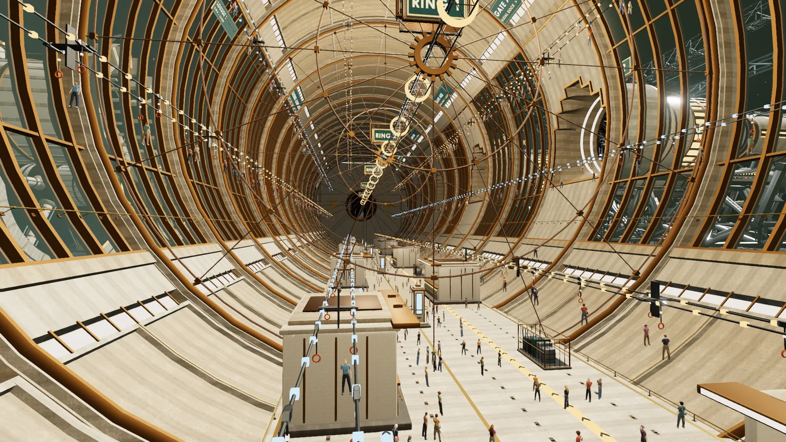 The terminal nave in zero g: travellers riding handline conveyors down a ribbed tube, with a catch-net ring ahead and the axial bay beyond the windows.