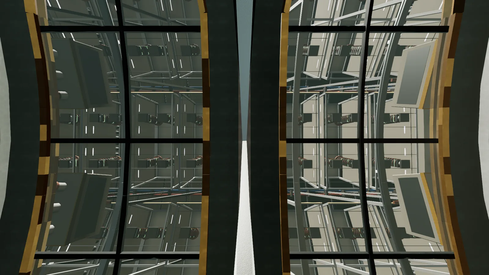 Through arched windows in the spine, rows of HVDC valve halls and capacitor banks fill the converter hall.