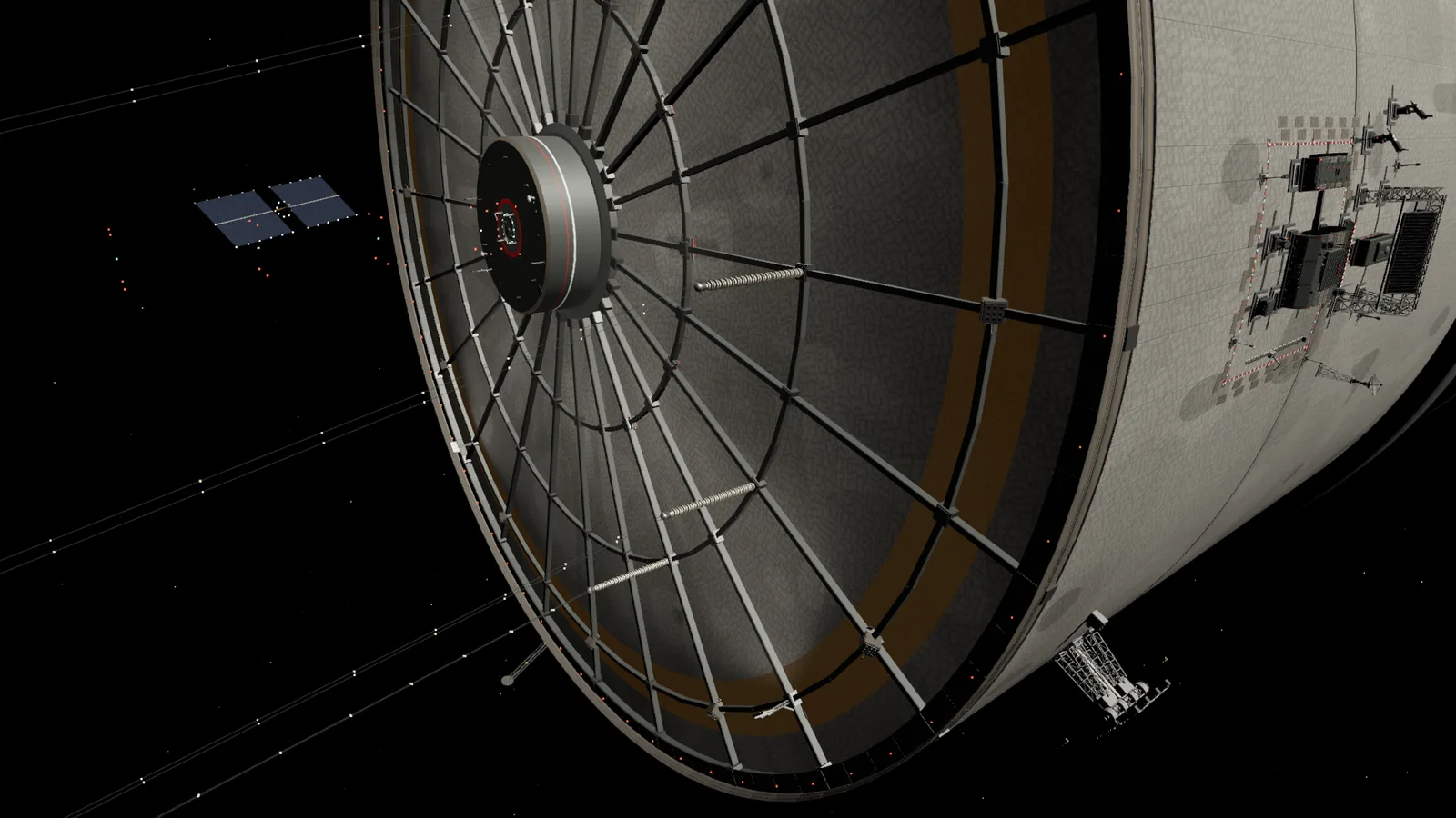 Four tall landing masts carry HVDC tethers that run aft toward the distant solar farm.
