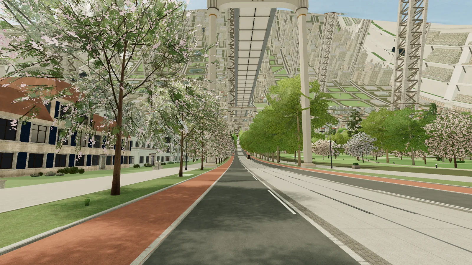 A metro viaduct on tall portals crosses a broad tree-lined street, with the line running away along the road.