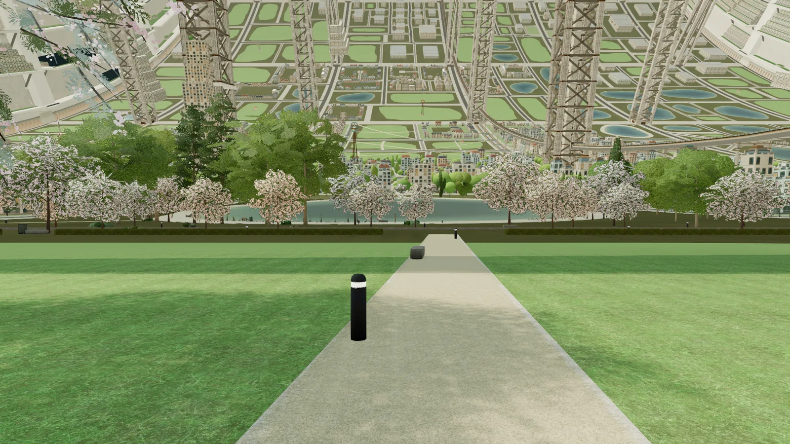 A lakeside park with a path to the water, low housing around it and the distant curved city beyond the far shore.