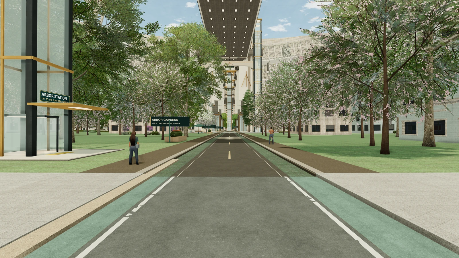 A quiet residential street of mid-rise blocks lined with trees, with the curved city rising ahead under a bright artificial sky.