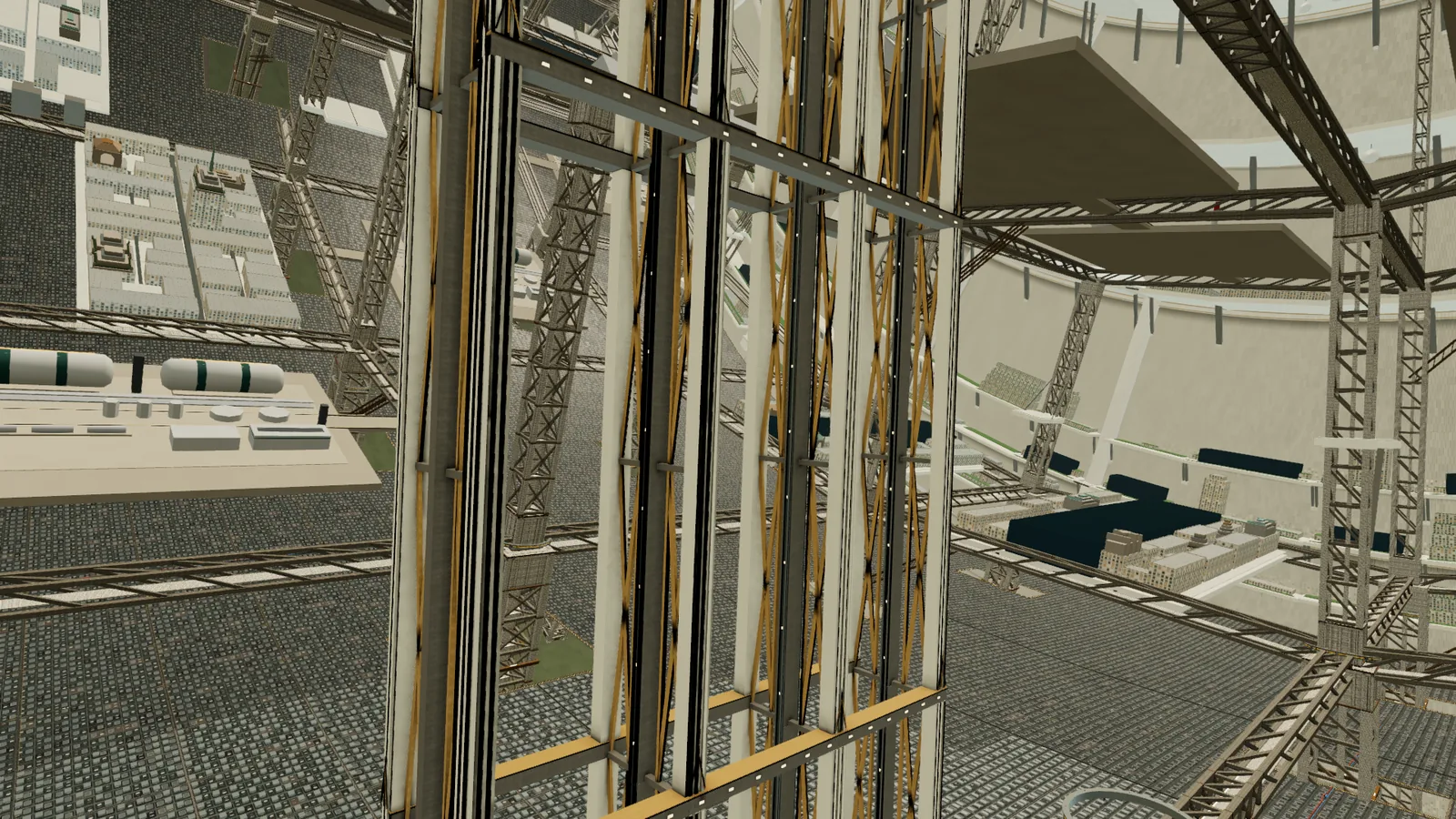 An ascender tower of four bronze-latticed blade trusses with cabins climbing and descending on three tracks toward the distant axis.