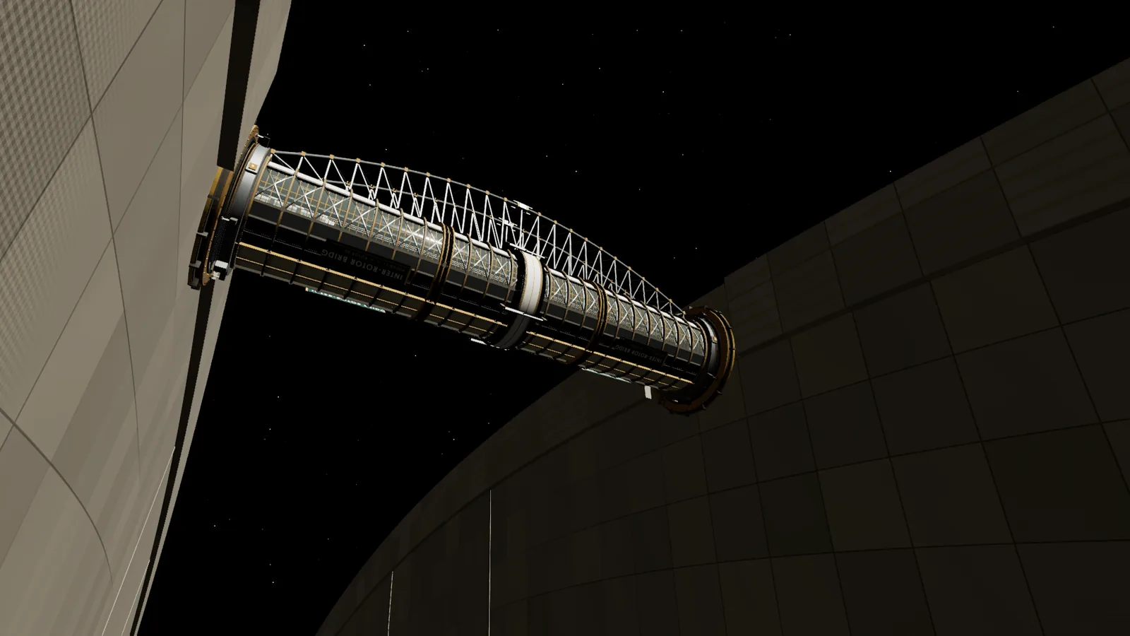 A transit bridge between two rotors, with window bands, X bracing and a lenticular lower truss, seen from its sunlit flank.