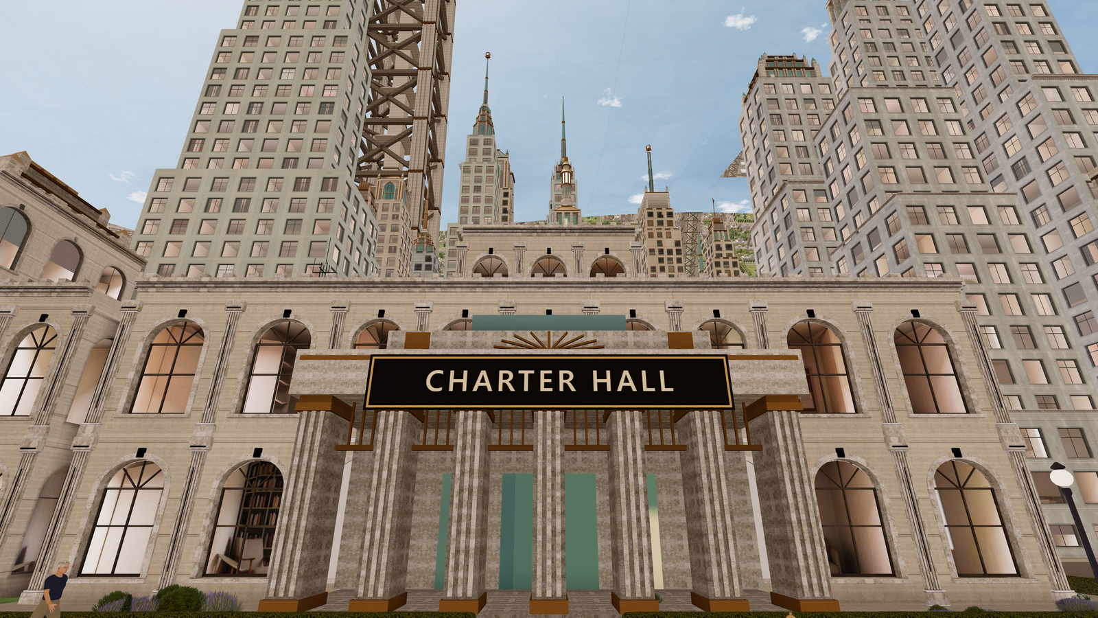 The front of Charter Hall: tall arched windows and a columned portico under a name board, with the towers of the quarter behind.