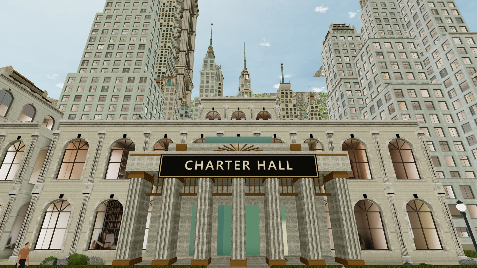 The front of Charter Hall: tall arched windows and a columned portico under a name board, with the towers of the quarter behind.