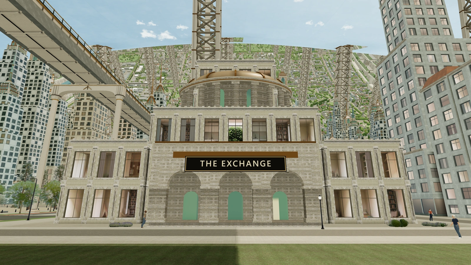 A domed stone market hall behind a columned portico with a name board, across a plaza in the dense civic quarter of Noordung.