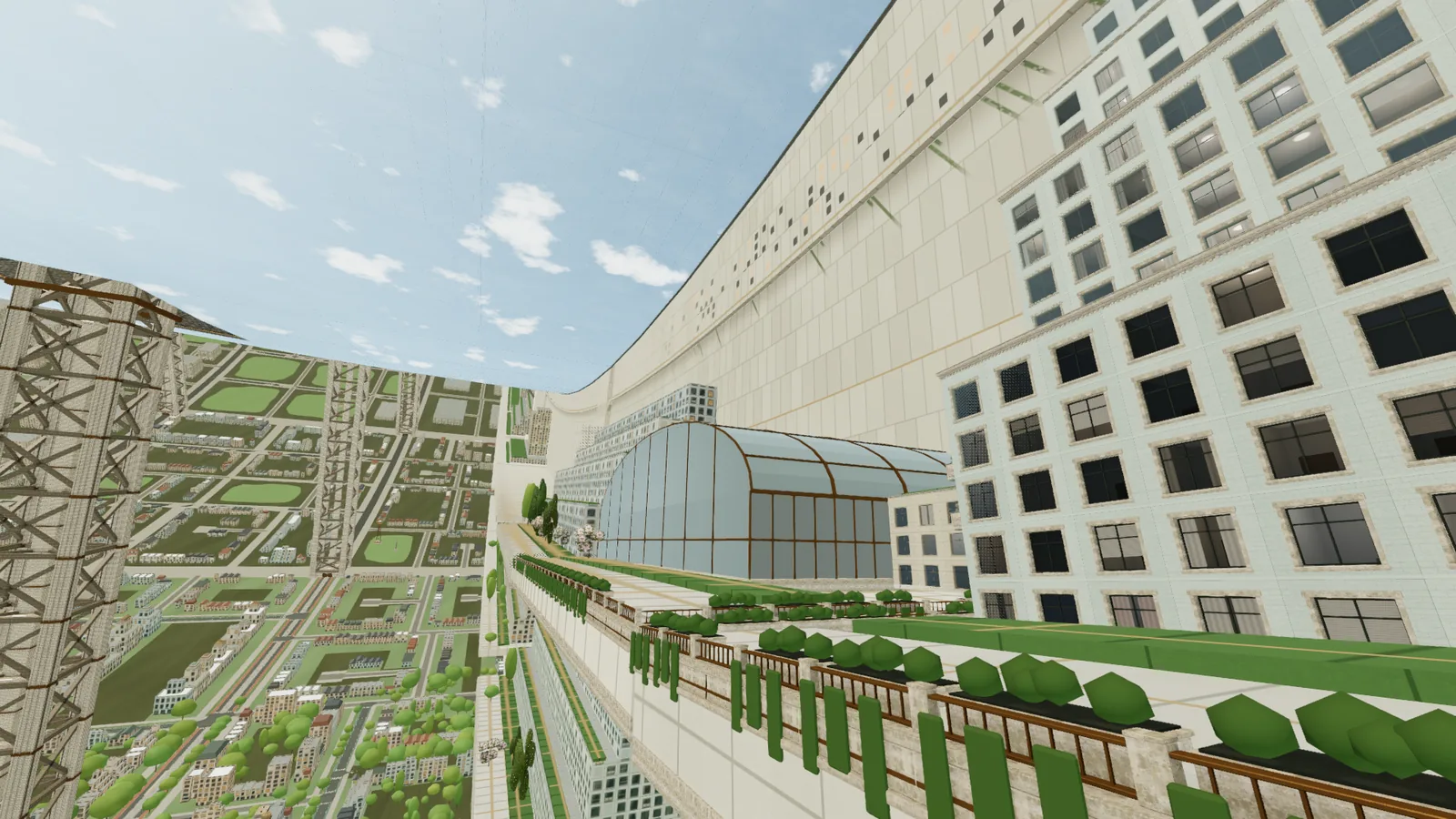A viaduct terrace on the end wall cliff, with a train on its track strip, planters and terraced blocks above the city.