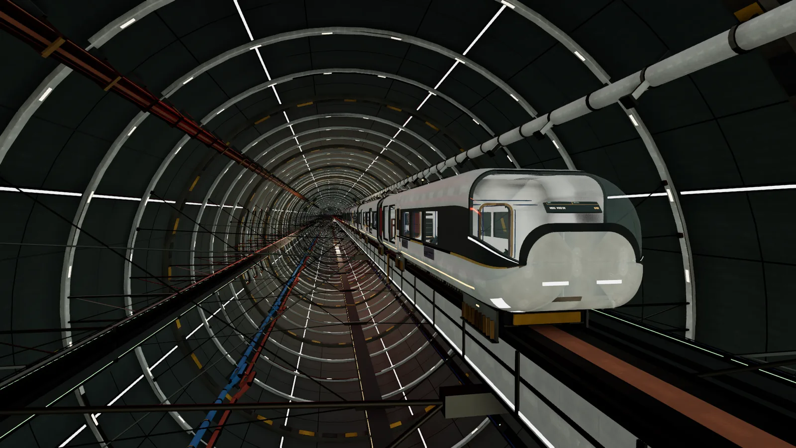 A five-car express on its guideway inside the spine, seen from ahead of the head car with its destination board lit.