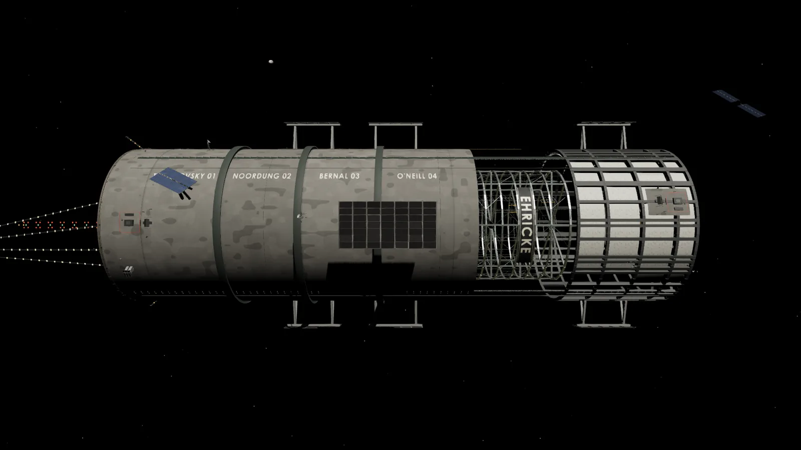 The whole station in space, a grey cylinder with a caged ring section, radiator banks and attached utilities.