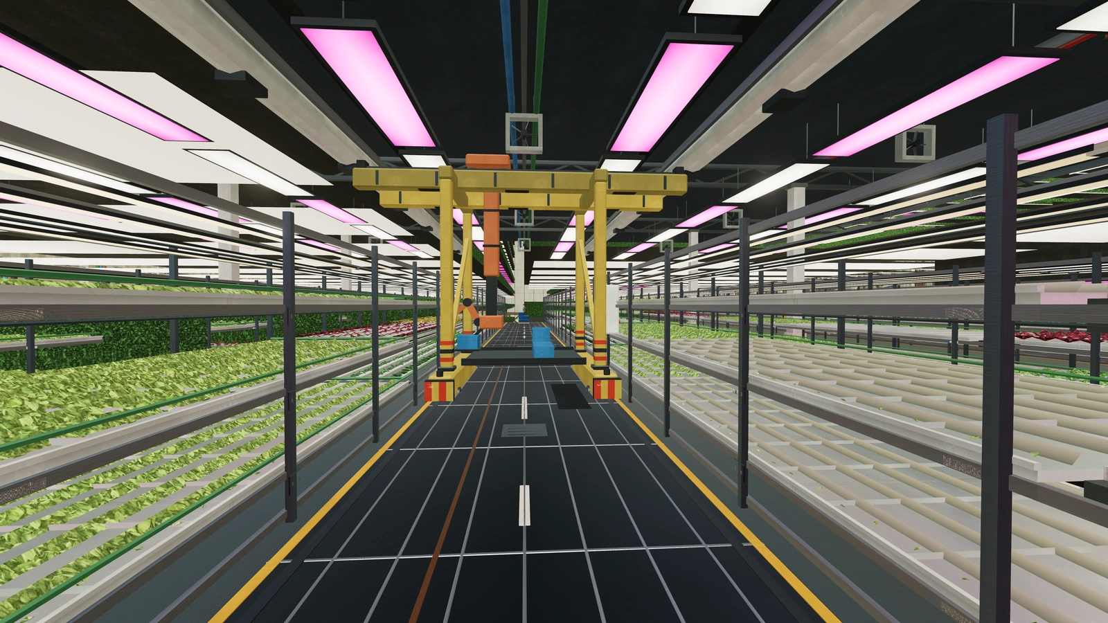 Racks of lettuce, basil and kale in four growth stages line a grow hall deck under LED rigs, with a harvest gantry overhead.