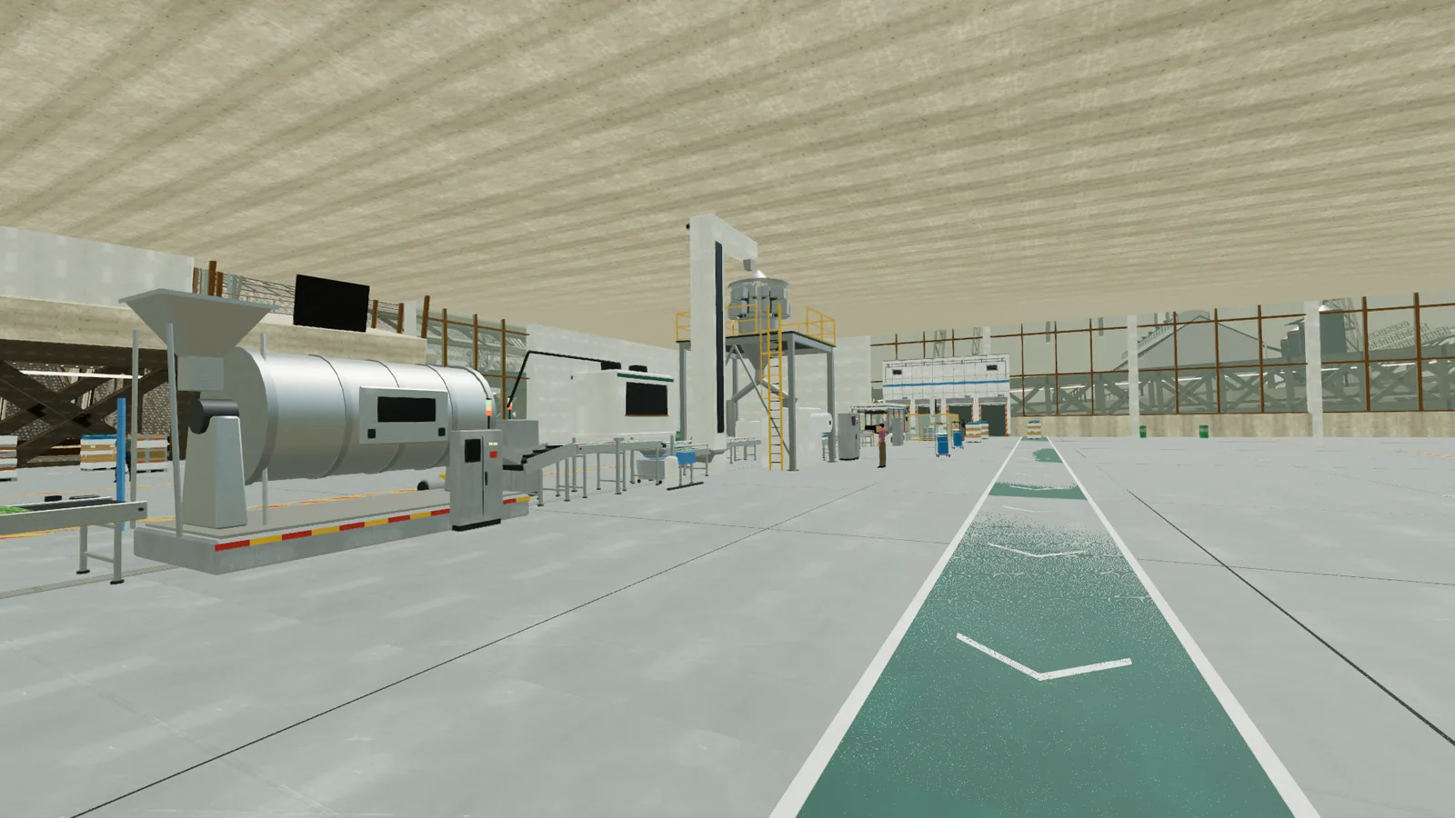 Totes of fresh greens travel a belt through a wash tunnel, an optical sorter and a weigher in the farm process wing.