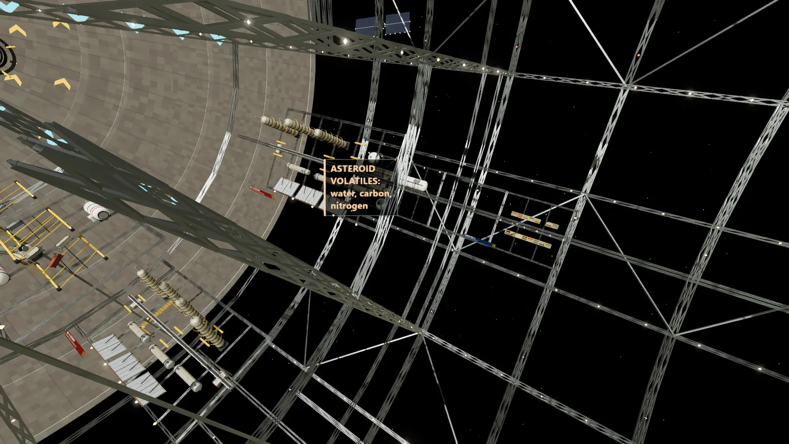 The industrial rotor with the material flow overlay showing where lunar feedstock and asteroid volatiles are stored and move.