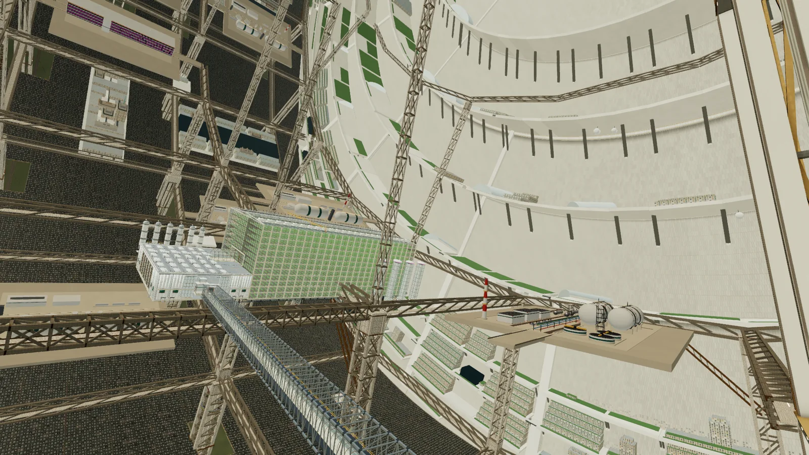 Pale structural piers and ring beams rise through the mid levels of the city, with partial decks, bridges and bay infill.