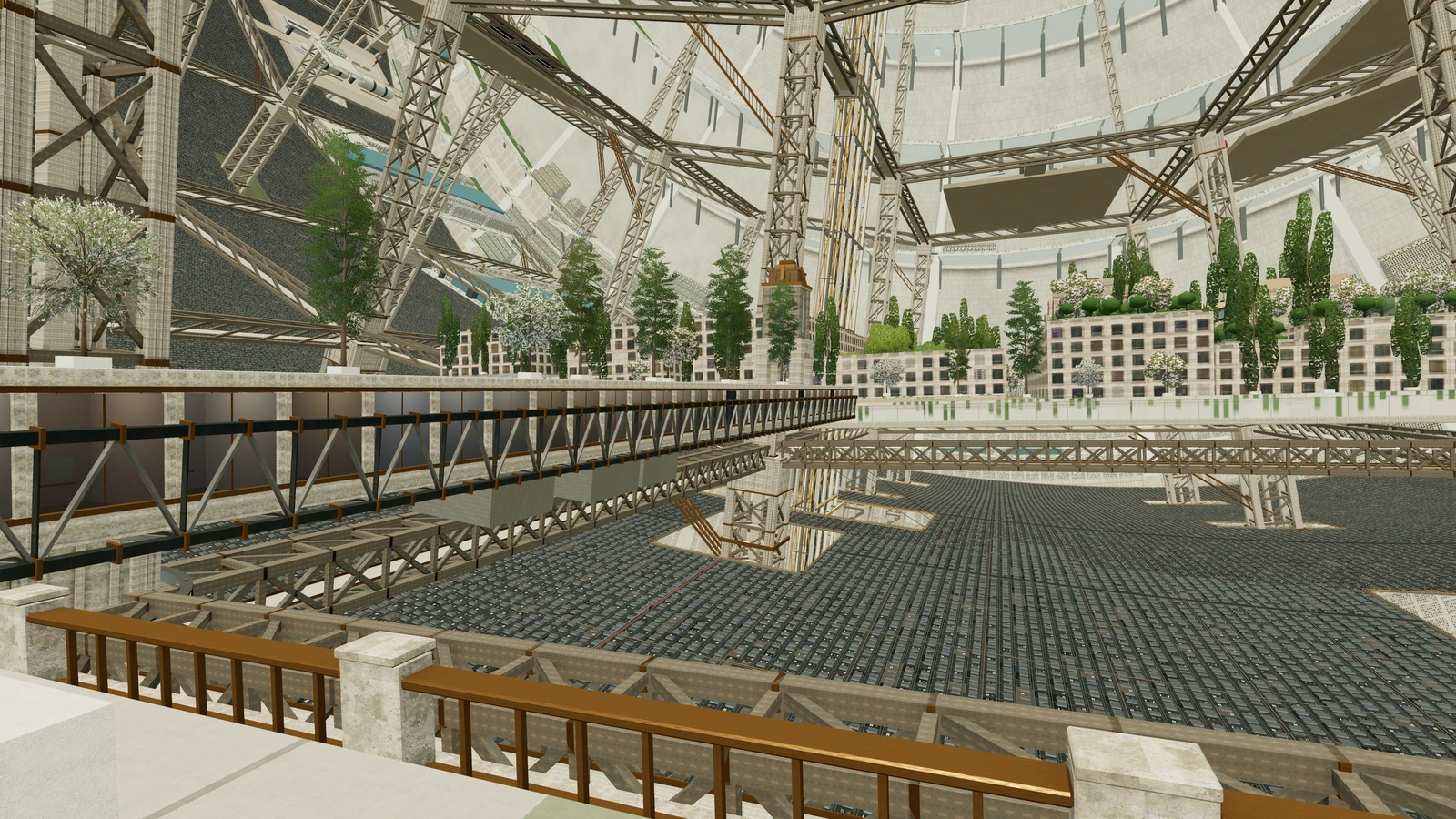 A raised plate district with balustrades and planters, an inhabited truss bridge and rows of blocks on the next plate.