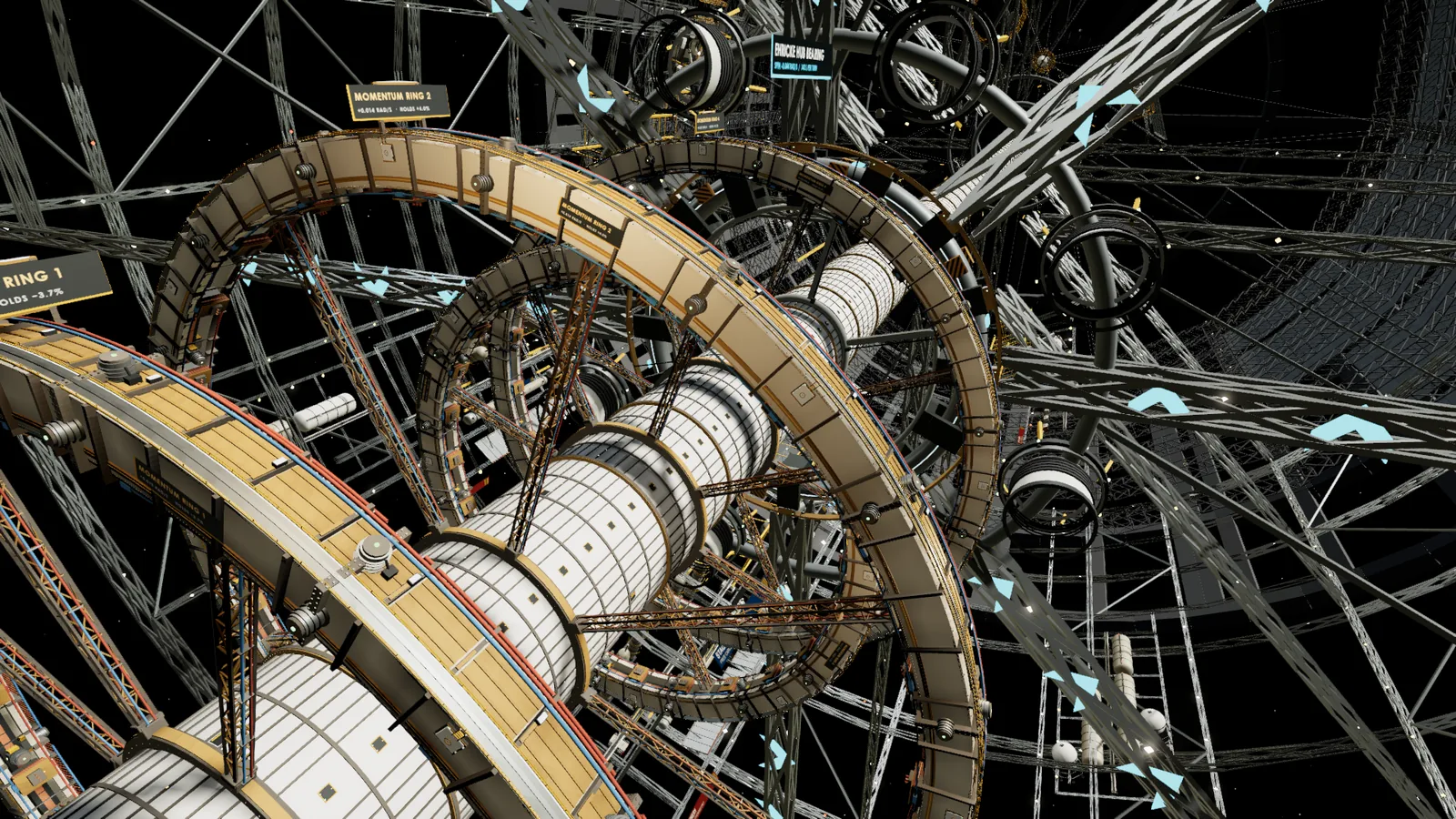 Four reaction rings sit in their housings along the momentum bay, with the stationary spine and industrial frame beyond.