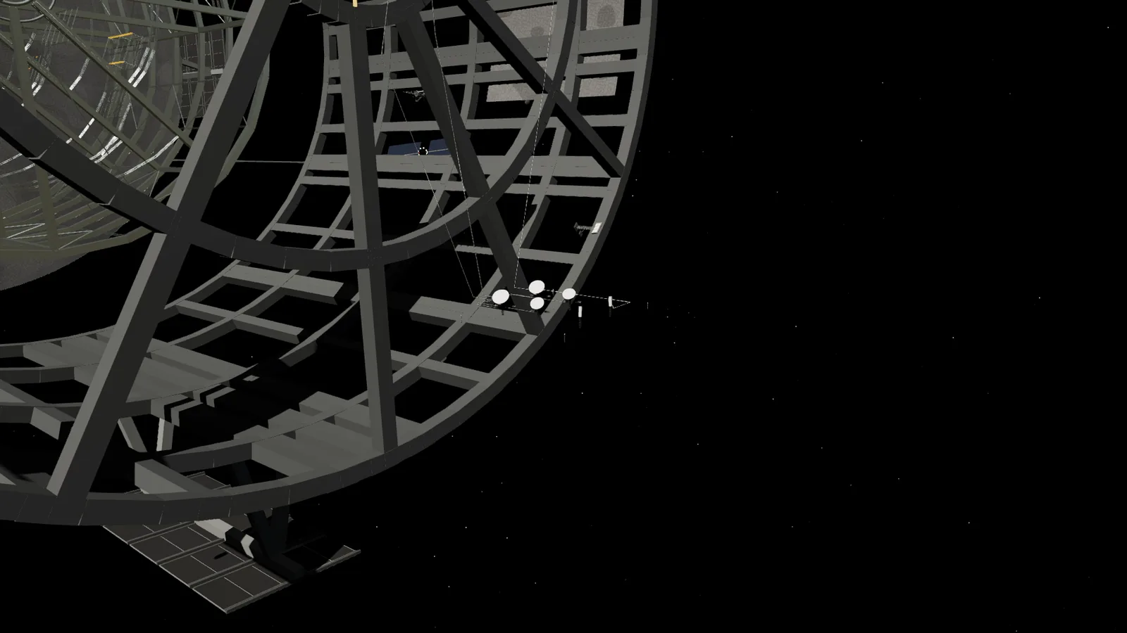 Foil spheres and storable tanks of the propellant farm sit under sunshades with radiators and transfer lines, outside the station body.