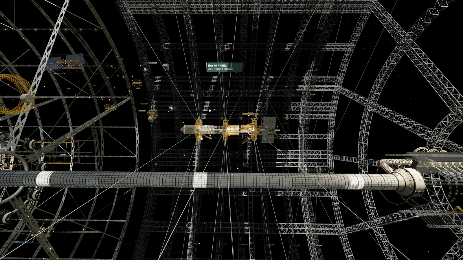 A 700 m spacecraft floats unsupported inside a much larger construction volume of trusses and rings.