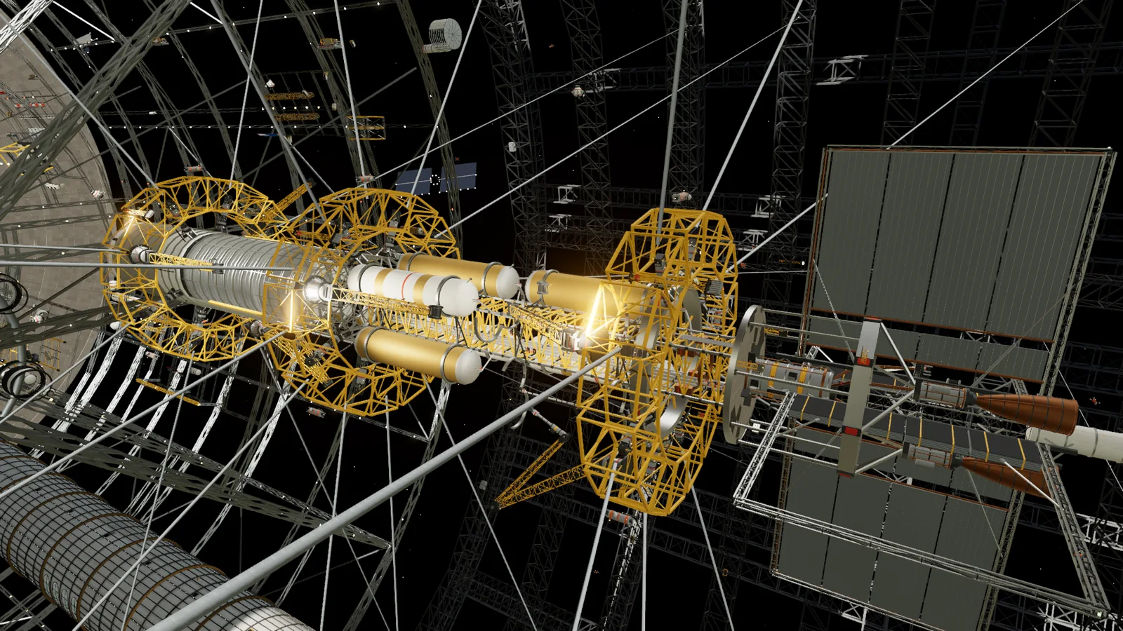 A propellant tank on approach with its mover, tension lines and crawlers beside the cradles of the tank bay.