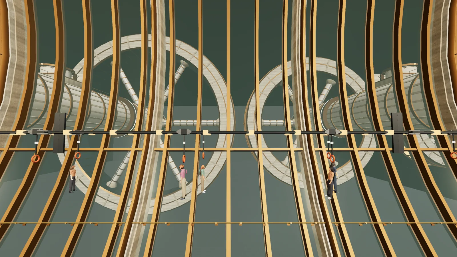 Rotating comfort lounges turn on their stationary hubs beyond the windows of the terminal nave.