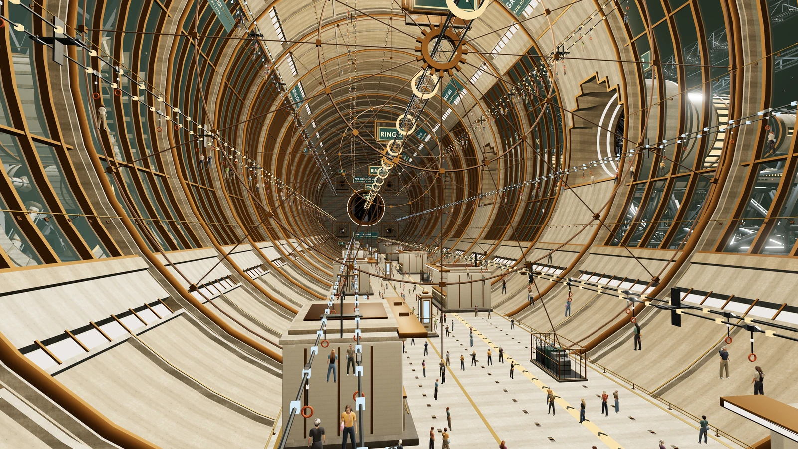 The terminal nave seen down its 440 m length: ribbed walls, handline conveyors with riders, catch-net rings and gate signage.