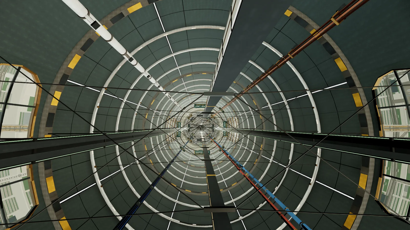 Inside the 120 m spine tube, ring lamps every 25 m frame the express guideway, crew galleries and four utility trunks.