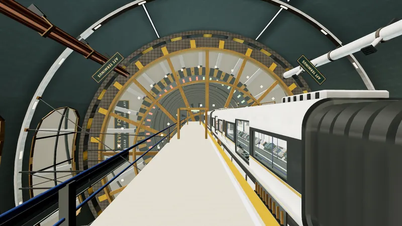 A glass-walled gallery at the end of a platform, looking aft along a long bore to a service port.