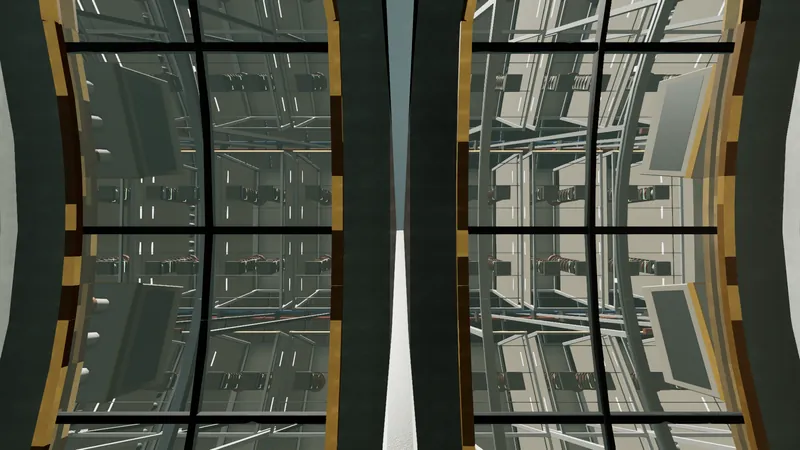 A hall of high-voltage valve buildings, capacitor banks and cooling headers seen through arched windows.