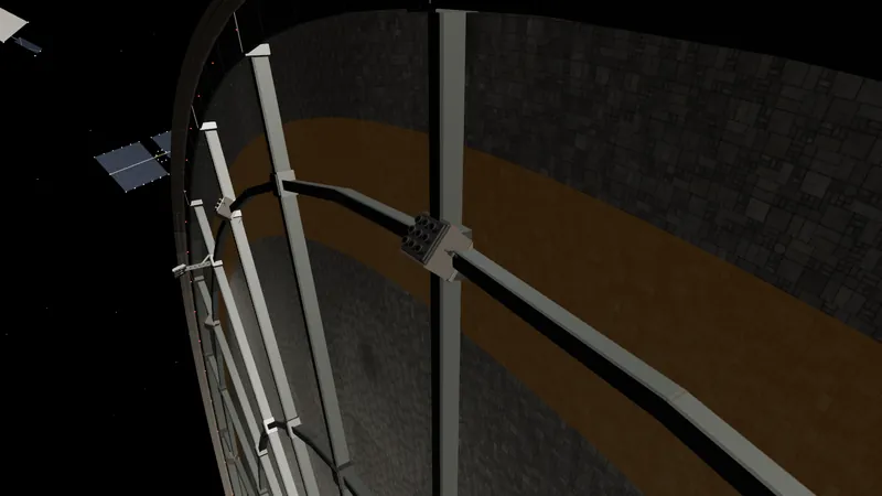 A ring of shielded thruster pods canted outward around a station's end face.