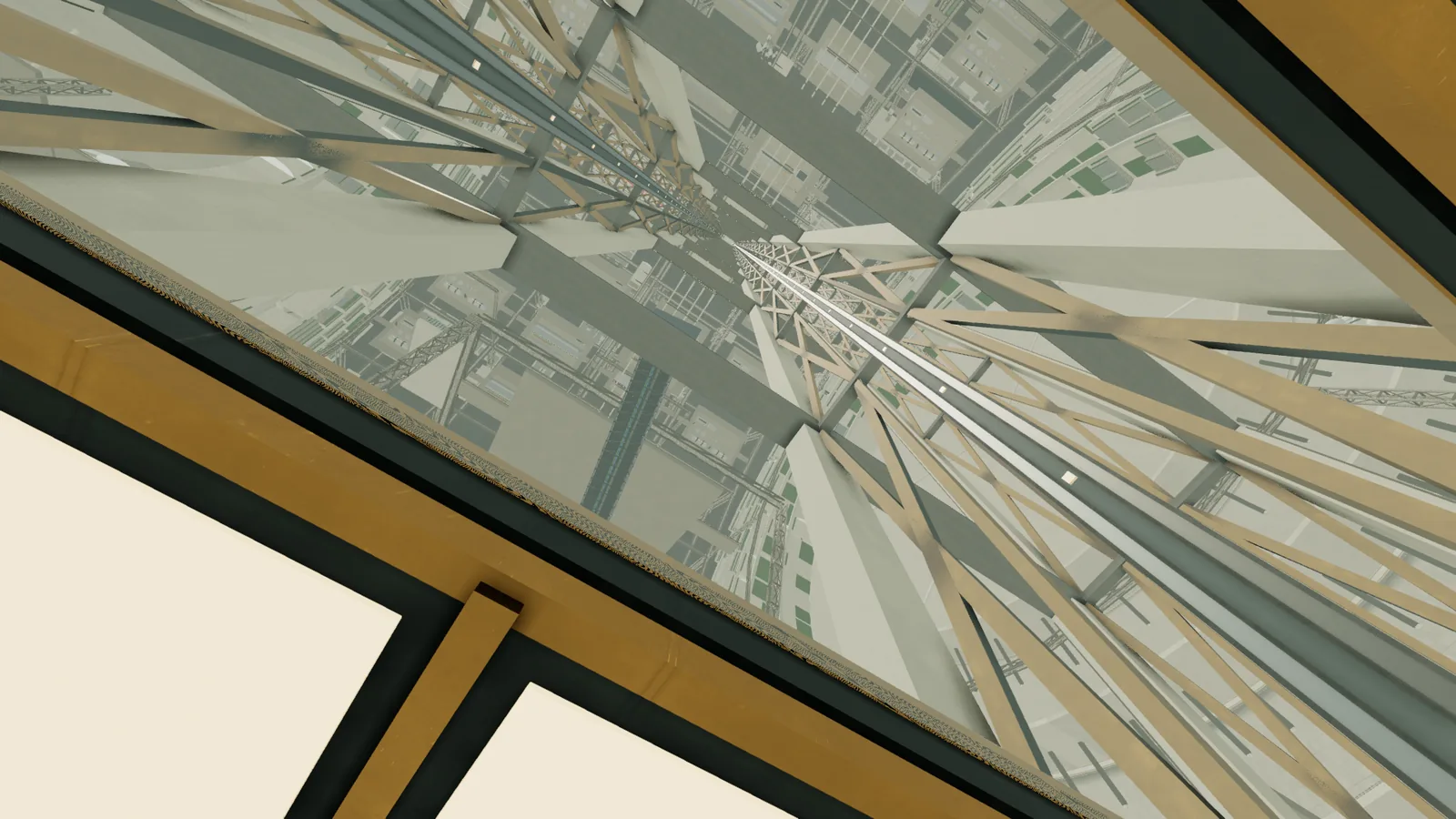 An ascender cabin rises through the open floor of the artificial sky, with a curved city and lit ceiling stretching away.