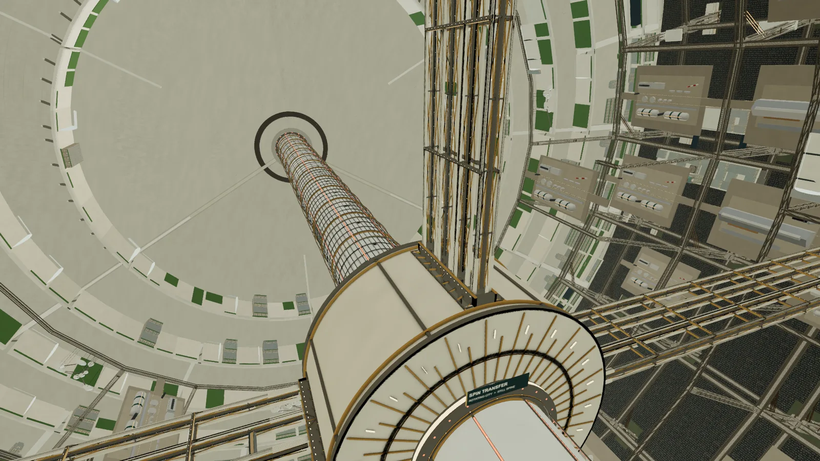 A large rotating drum behind a bearing collar, with four tower portals and spin-decoupling chambers.