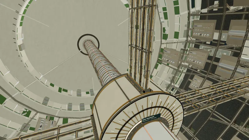 A large rotating drum behind a bearing collar, with four tower portals and spin-decoupling chambers.